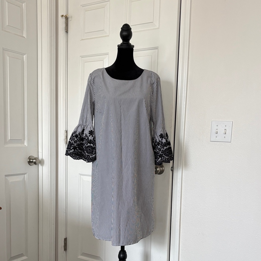 Nina Leonard striped embroidered bell sleeve sheath dress.